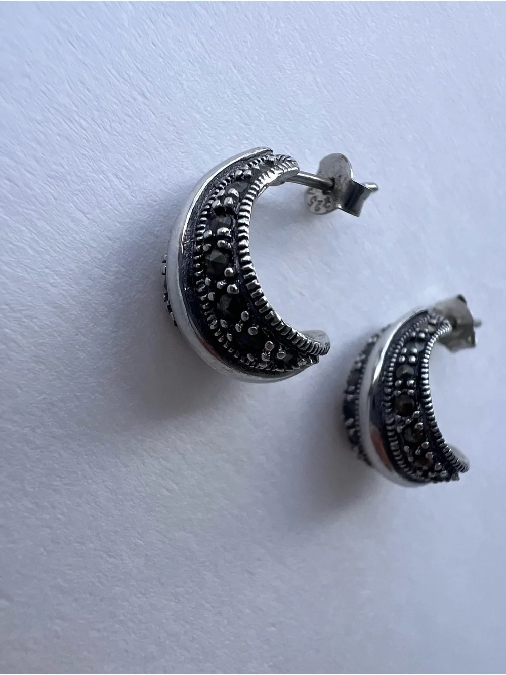 liberty Silver and Black Marcasite Dome Hoop Earrings